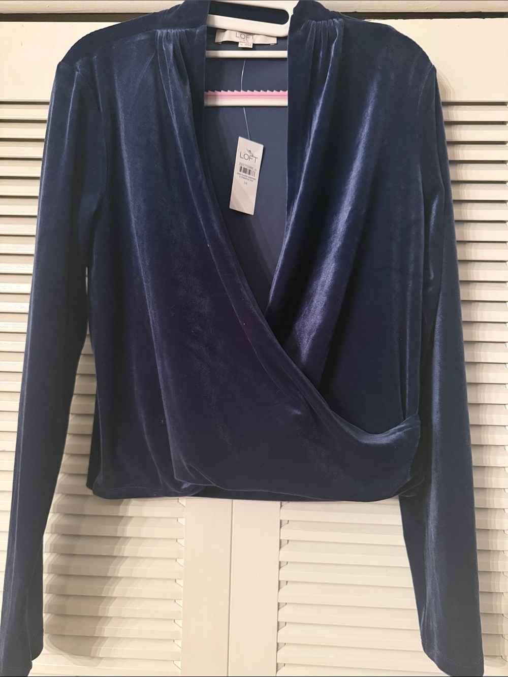 LOFT Navy Blue Velvet Wrap-Front Long Sleeve Top